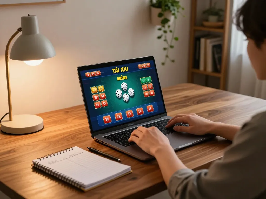 Tài Xỉu gameplay at home, showcasing responsible online gambling atmosphere with laptop screen and strategy notes.