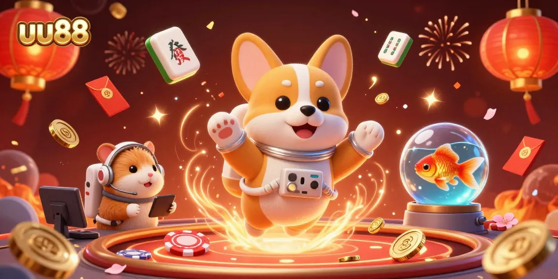 Experience the excitement of uu88 with a vibrant casino scene featuring a floating corgi and gaming elements.