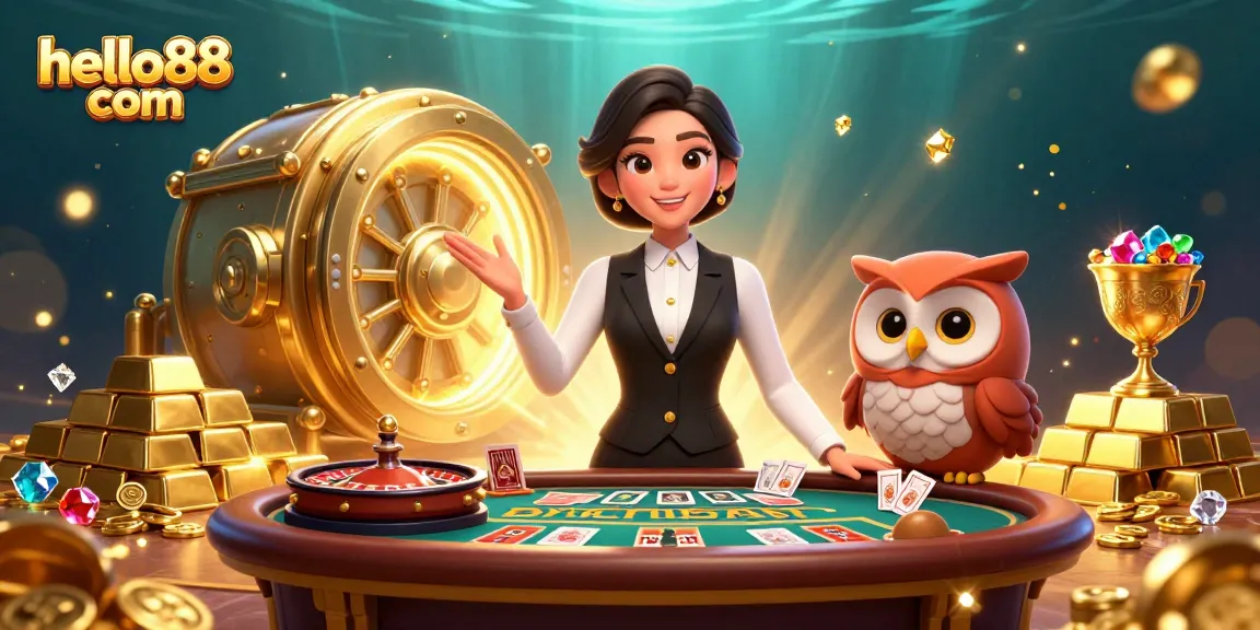Engage with hello88 com in a vibrant casino scene featuring a baccarat table and rich golden elements.