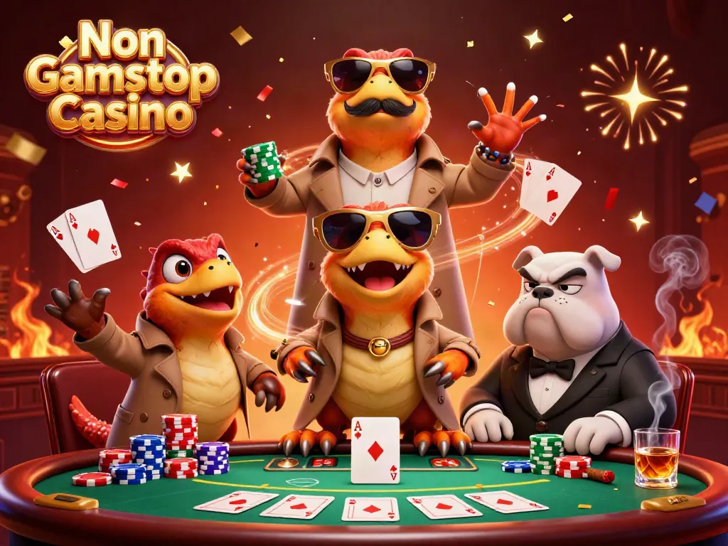 Engage with the vibrant scene of three raptors impersonating a tall player entering a Non Gamstop Casino with poker elements.