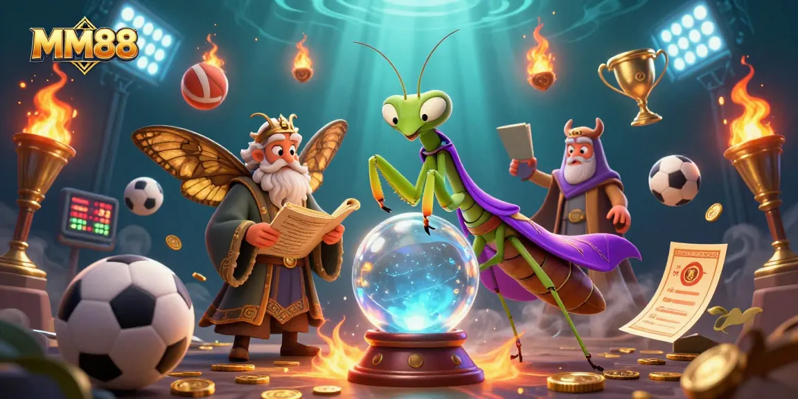Bet in MM88 while surrounded by a mystical fortune teller and ancient librarian in a vibrant casino scene.