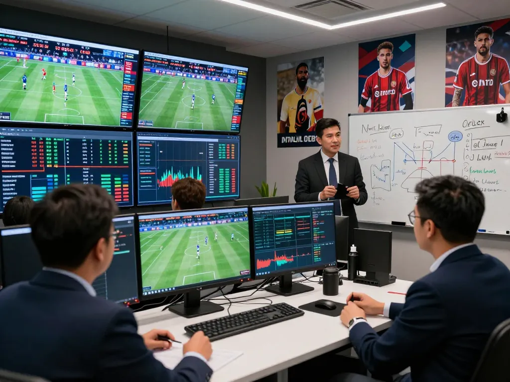 Link vào bongdalu showing sports analysts engaging with live sports data and predictions in a dynamic office.