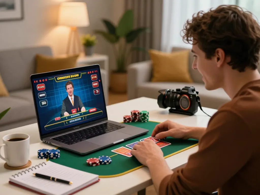 Player engaged in online gambling strategy with TR88 cards visible on screen in a cozy home setup