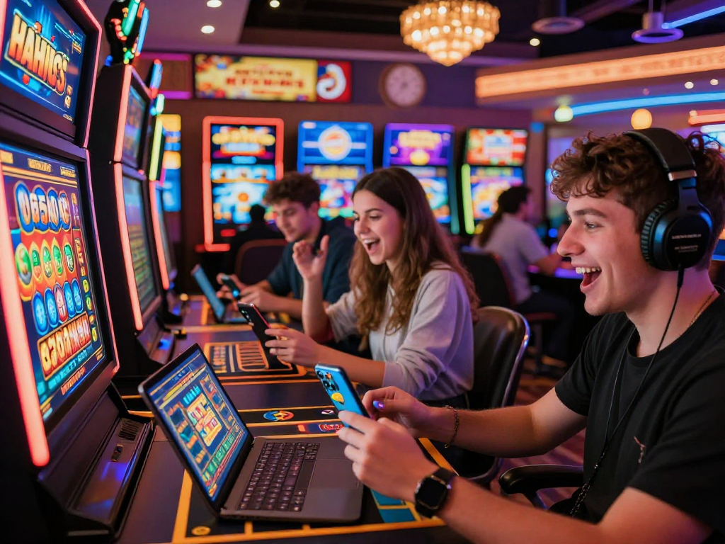 Diverse players engaging at a non gamstop casino, enjoying vibrant games on devices with dynamic graphics and exciting bonuses.