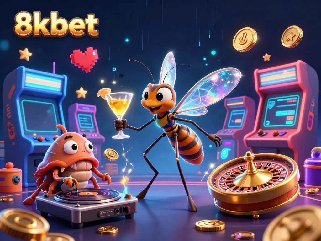 Engage with 8xbet through a vibrant 3D casino scene featuring a whimsical mosquito mascot, dynamic game elements, and excitement.