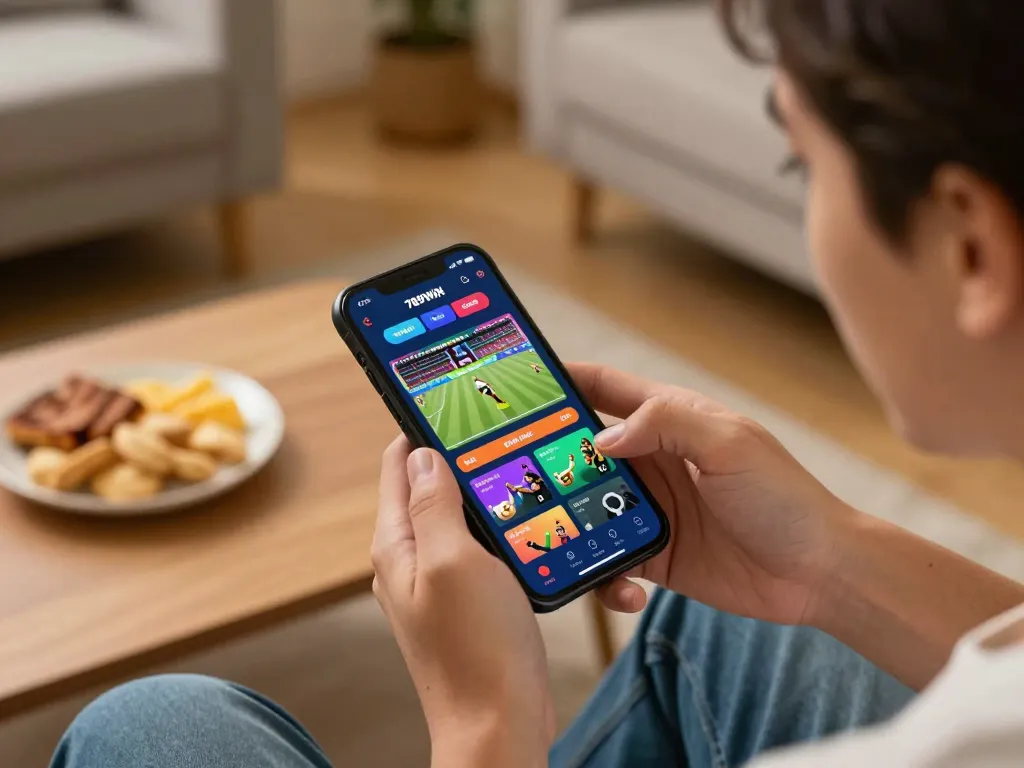 Experience the excitement of sports betting with the 789WIN app in a cozy home setting.