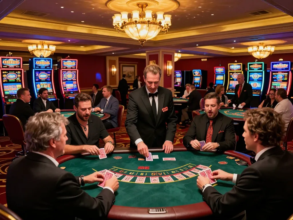 Experience the excitement of go8 casino floor with players winning at Blackjack tables in luxurious ambiance.