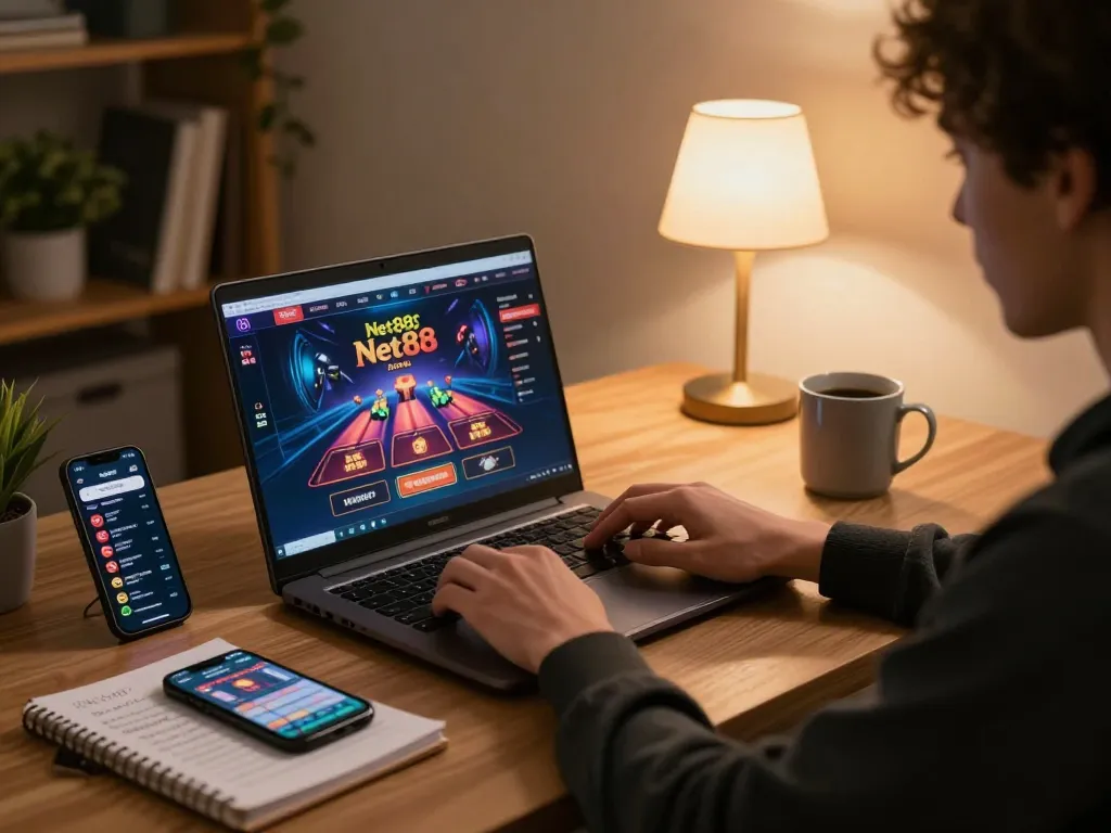 Engaging gameplay on Net88 casino platform from a stylish home office setup, showcasing strategic betting.