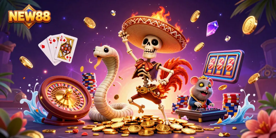 Experience the thrill of winning big at NEW88 with vibrant casino-themed characters and dynamic elements.