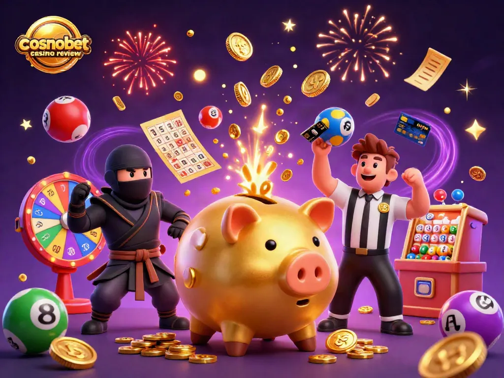 Engage with Cosmobet Casino Review featuring an energetic scene of a golden piggy bank wrestler, winning coins and lottery elements.