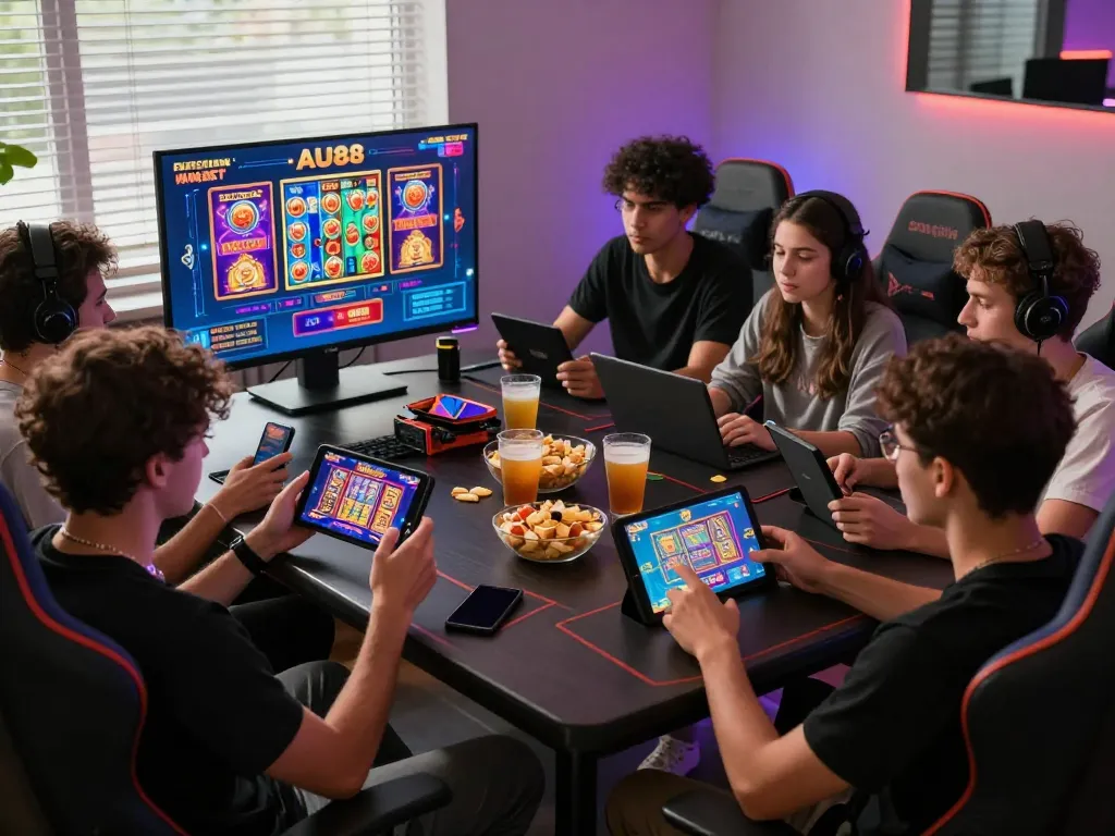 Friends immersed in AU88 online gaming experience with vibrant graphics and snacks, showcasing a dynamic entertainment atmosphere