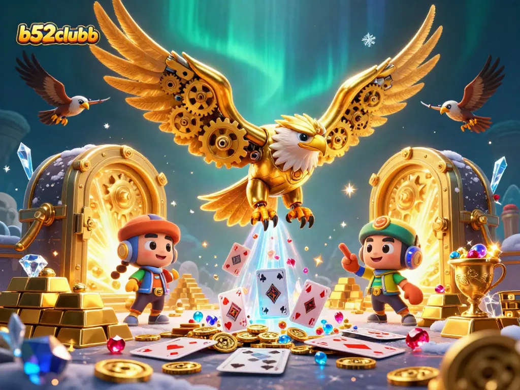 Experience thrilling gaming with b52clubb as a golden eagle dives through holographic cards.
