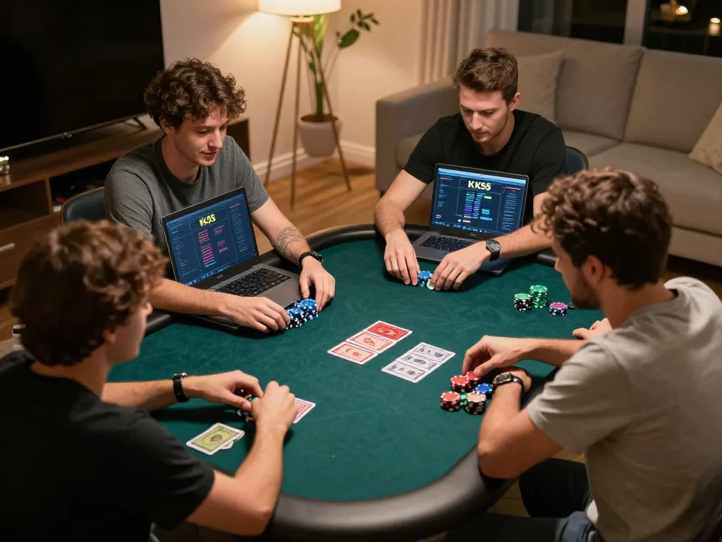 KK55 players engaged in an online poker game from home, showcasing strategic gameplay and social interaction