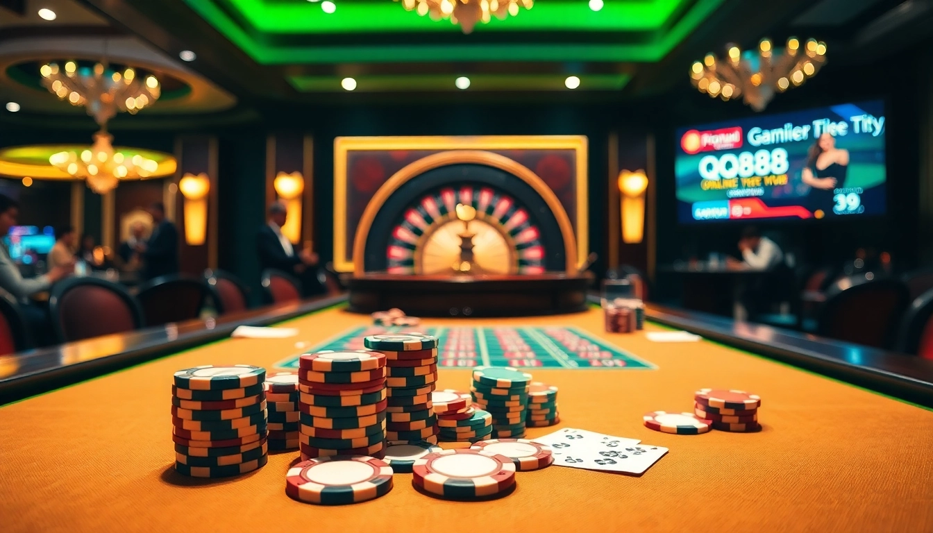 Gamblers enjoying a thrilling poker game at https://qq88pro.vip/, surrounded by luxury casino elements.