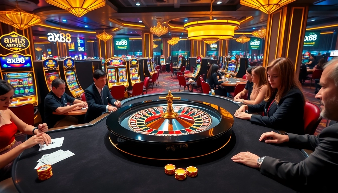 Experience the thrill of ax88 at a luxurious casino with poker tables and roulette wheels.