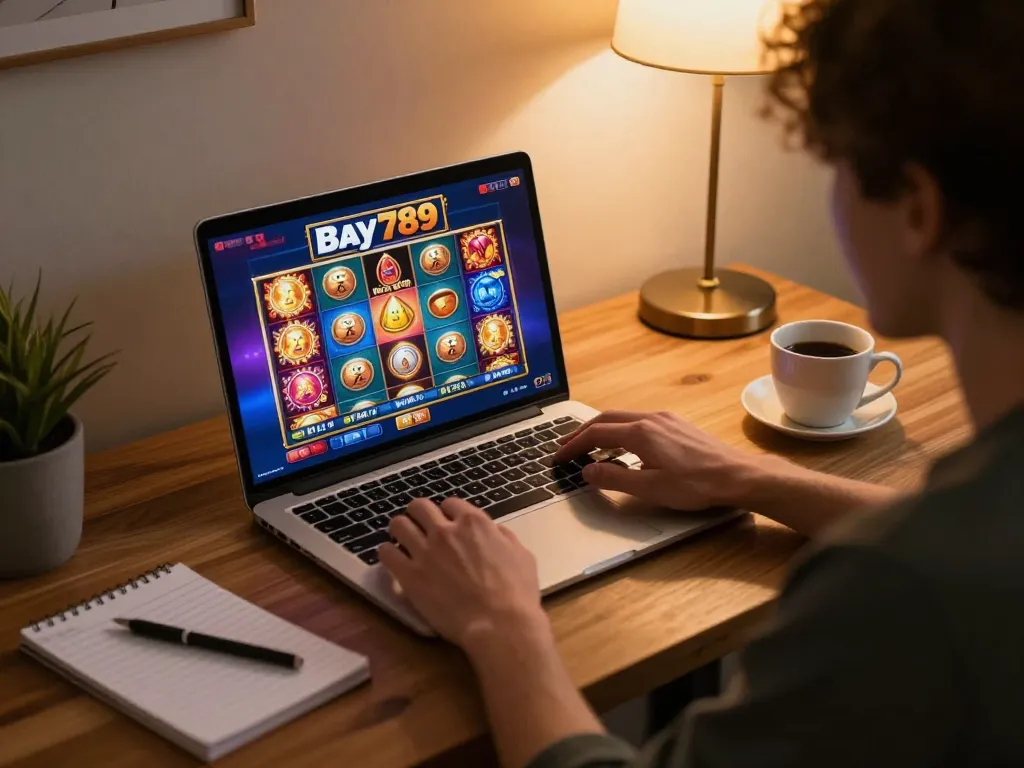 Engaged player enjoying Bay789's online slots from a cozy home office setting