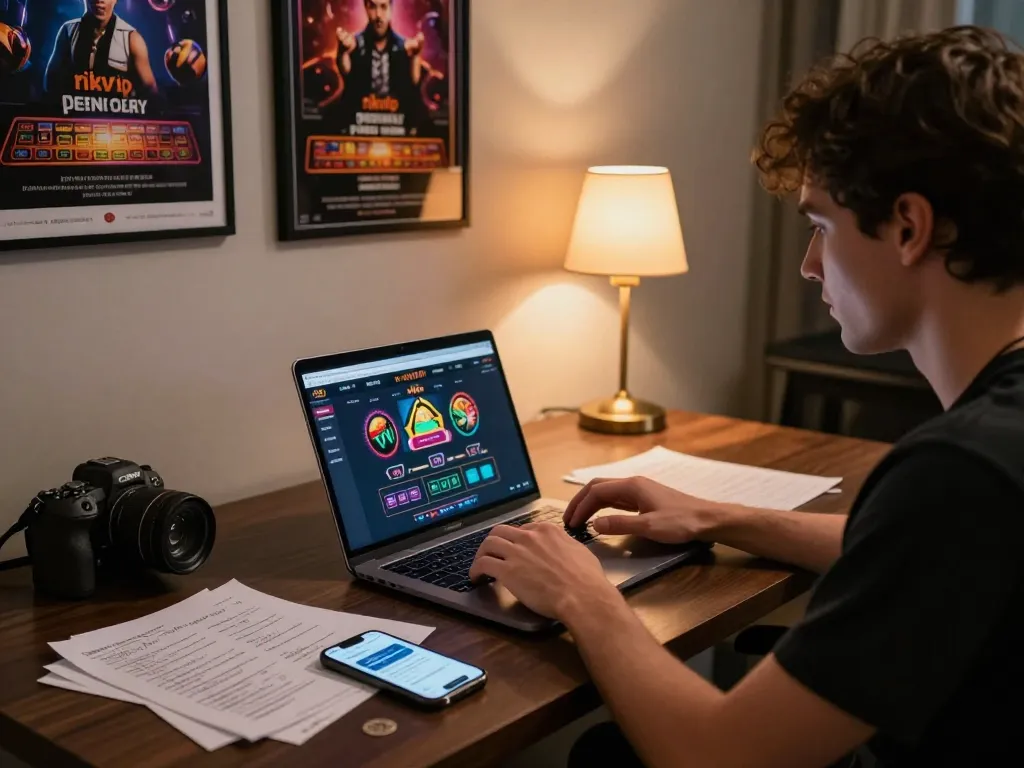 Engaged player utilizing the rikvip online casino interface while strategizing game bets at a stylish desk
