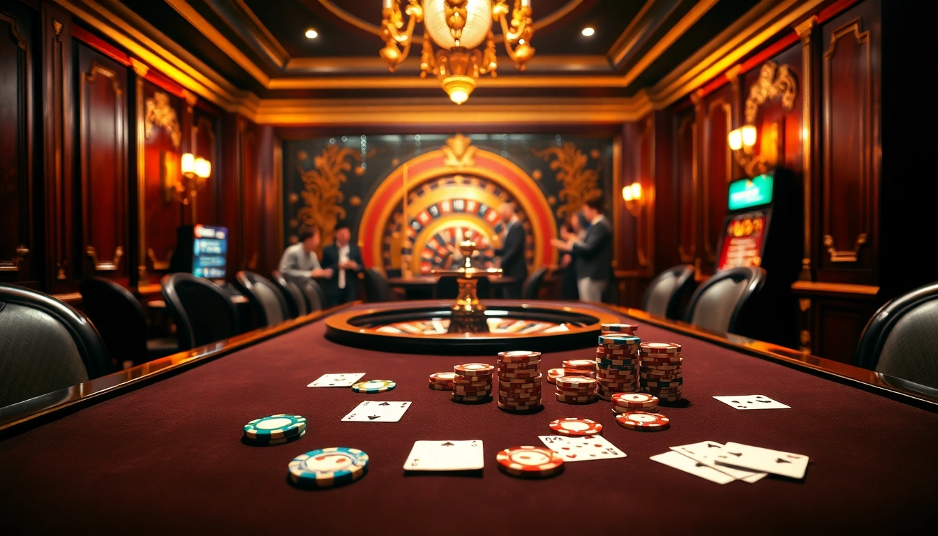 Engaging poker action at https://tg88-vn.jpn.com/ with players and vibrant chips in a luxurious casino setting.