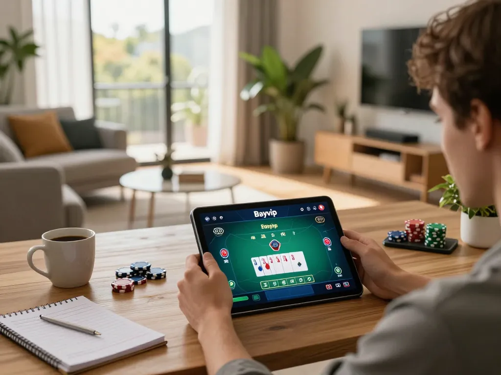 Engaging in online gambling with Bayvip app on tablet, showcasing a relaxed home setting.