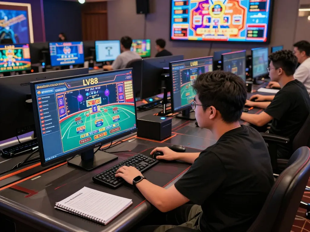 Online gaming at LV88 with multiple screens showcasing live dealer games and strategy notes.
