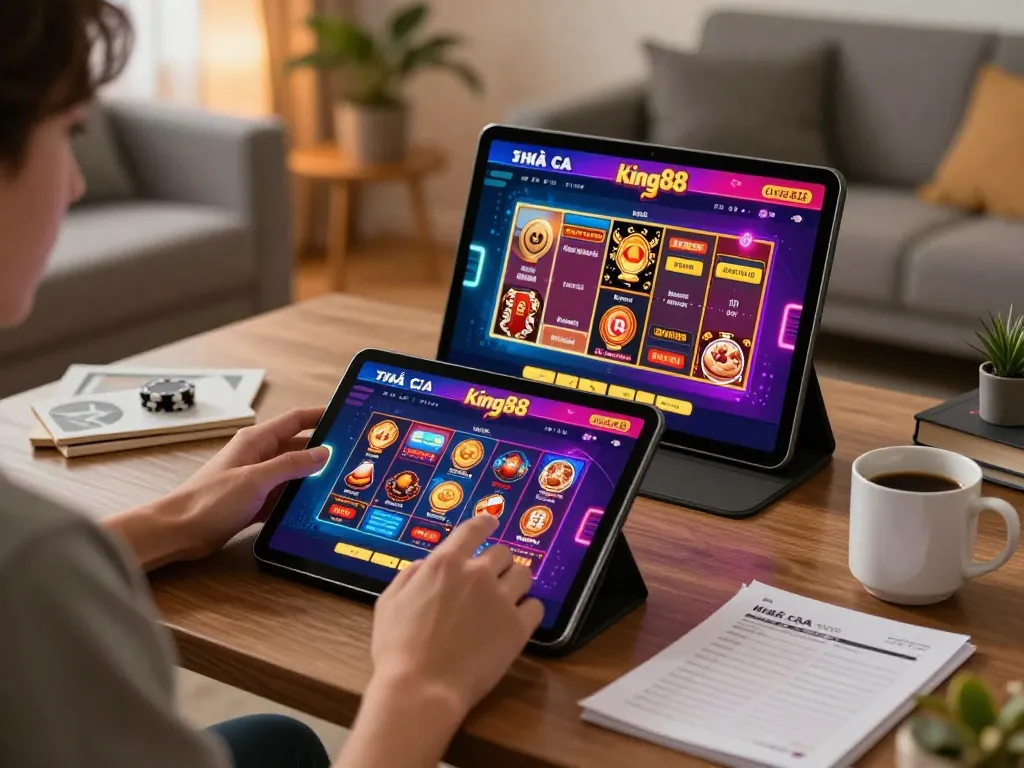 Player engaging with nhà cái king88 tablet game in a cozy home setting, emphasizing online gambling strategy.