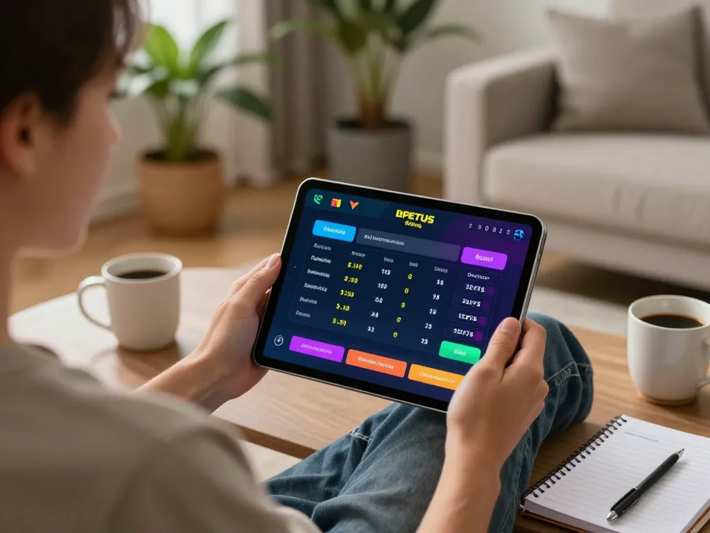 E2bet user engaging in live sports betting on tablet in cozy living room.