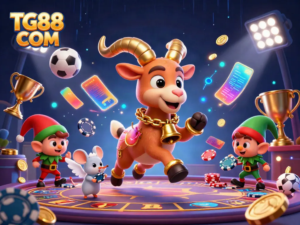Experience thrilling gaming action at TG88 COM with festive Krampus goat and playful characters in a vibrant casino.