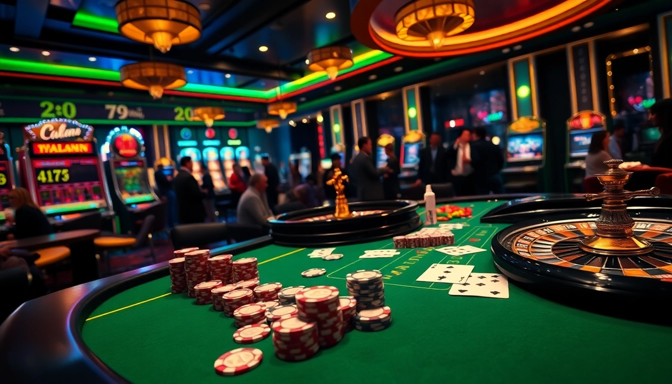 Experience thrilling gameplay at 79king with poker chips and roulette wheels in a luxurious casino.