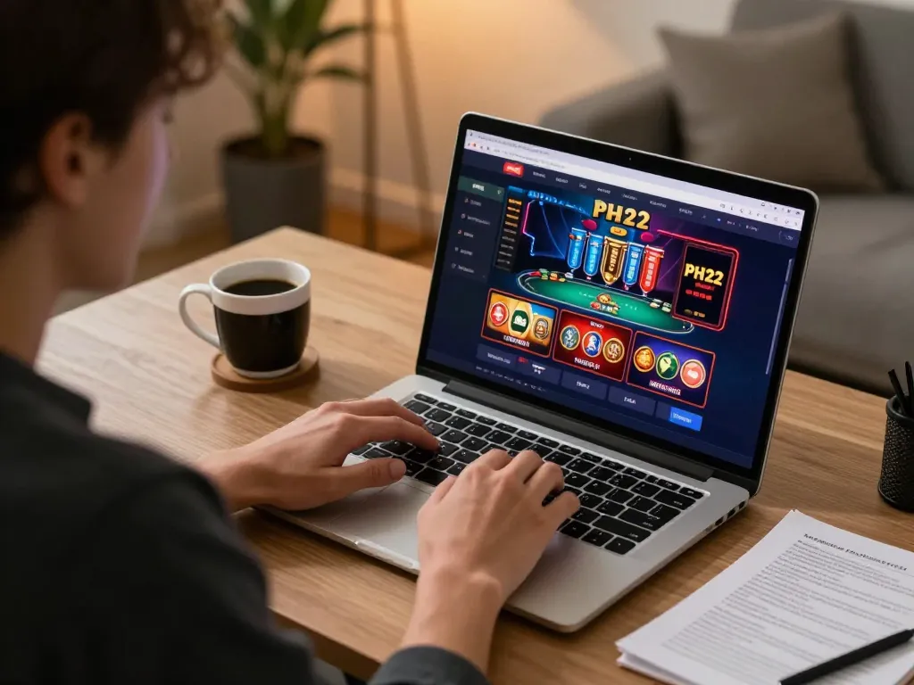 Engaging player using PH22 online casino on laptop, showcasing immersive gaming setup.