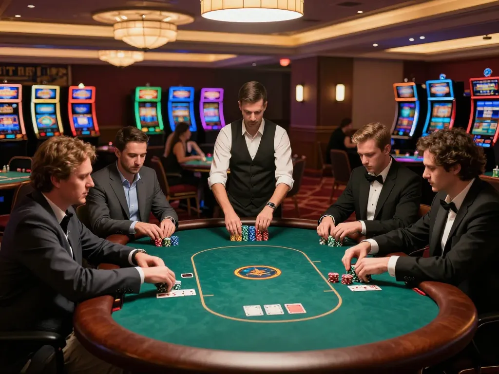 MM88 players engaged in an intense poker tournament with colorful chips and professional dealer