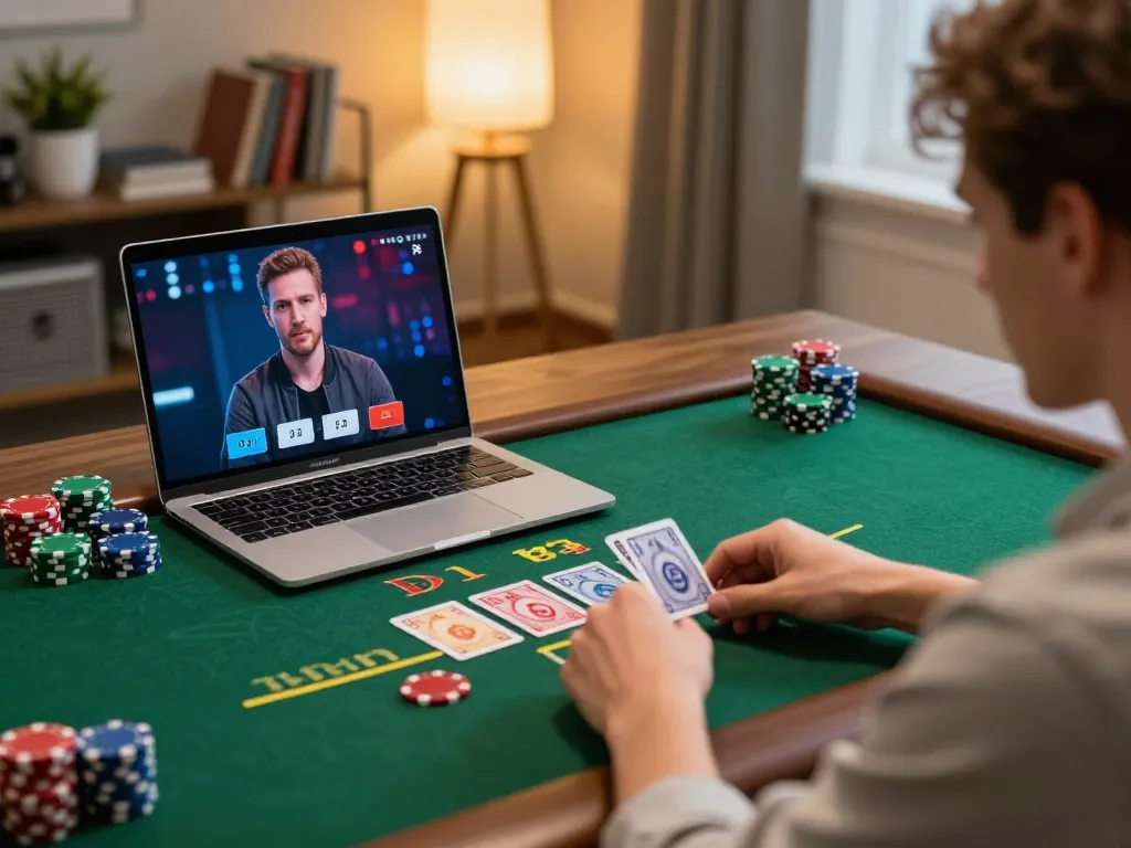 Bong88 player engaging in live dealer blackjack from a cozy home office setup, focused on game strategy.