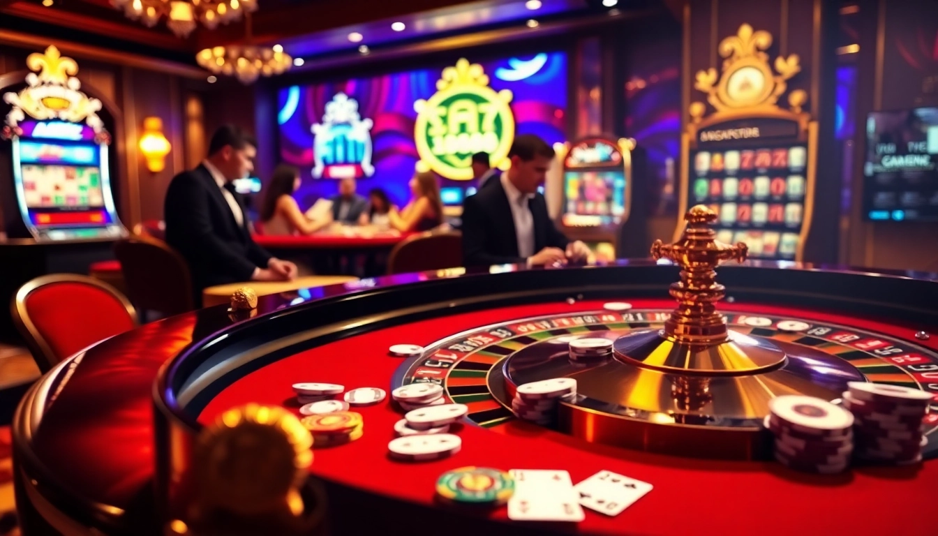 Exciting casino scene with players enjoying games like roulette and slots at https://da88.trading/ for top gambling experiences.