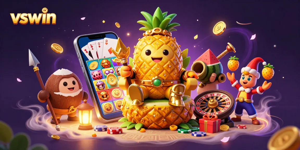 Spin to win at vswin with a vibrant and lively beach casino scene featuring a golden pineapple king.