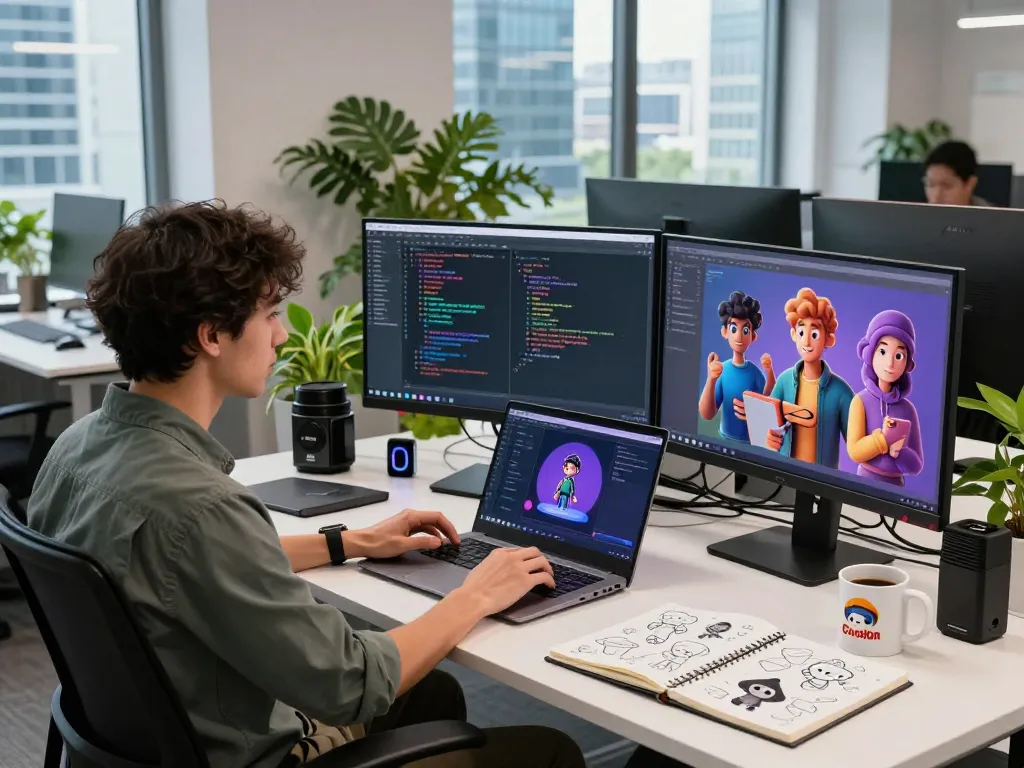 Developer engaging with CrushOn AI character software in a vibrant tech workspace.