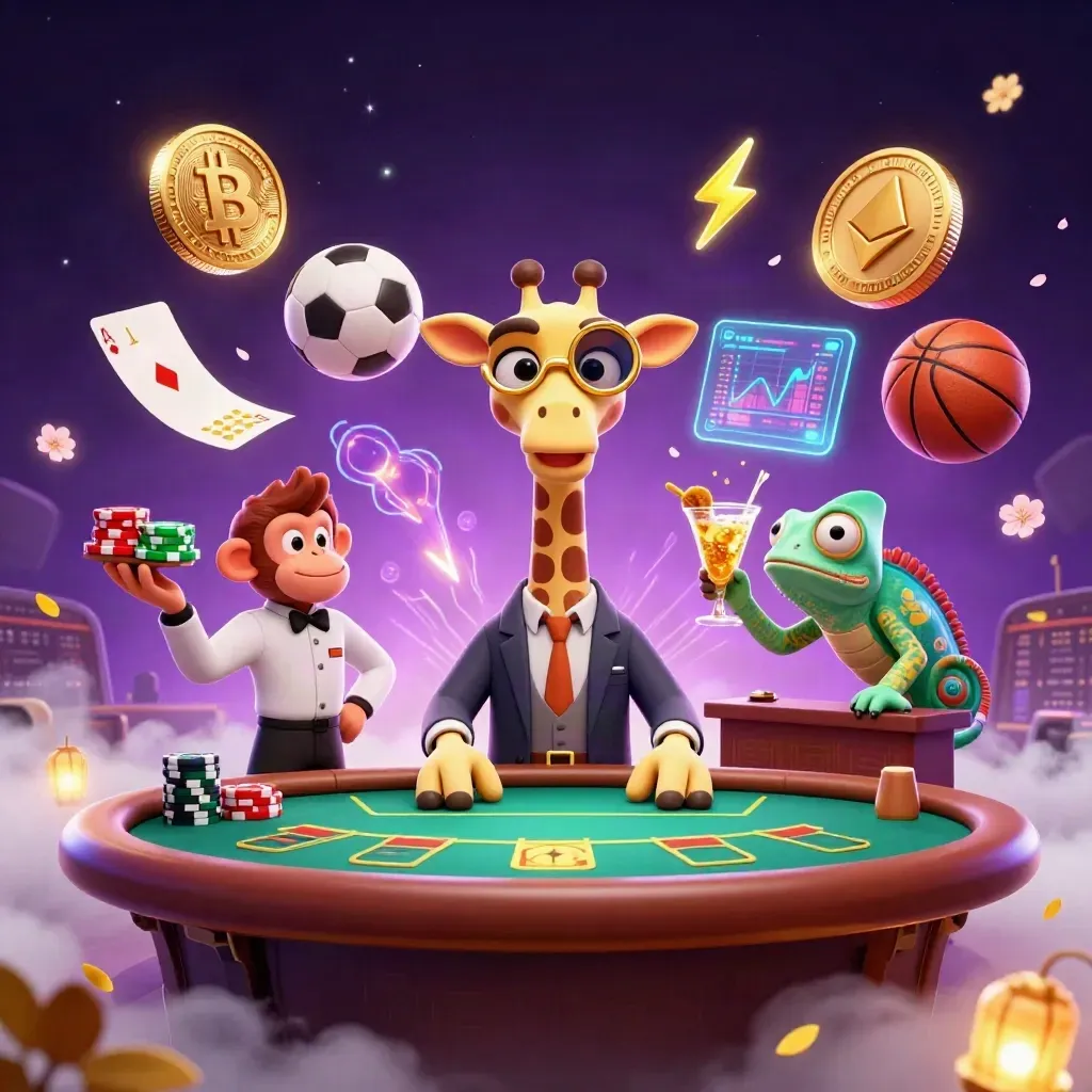 Giraffe, monkey and chameleon around a luxe poker table with flying sports balls, coins and neon effects