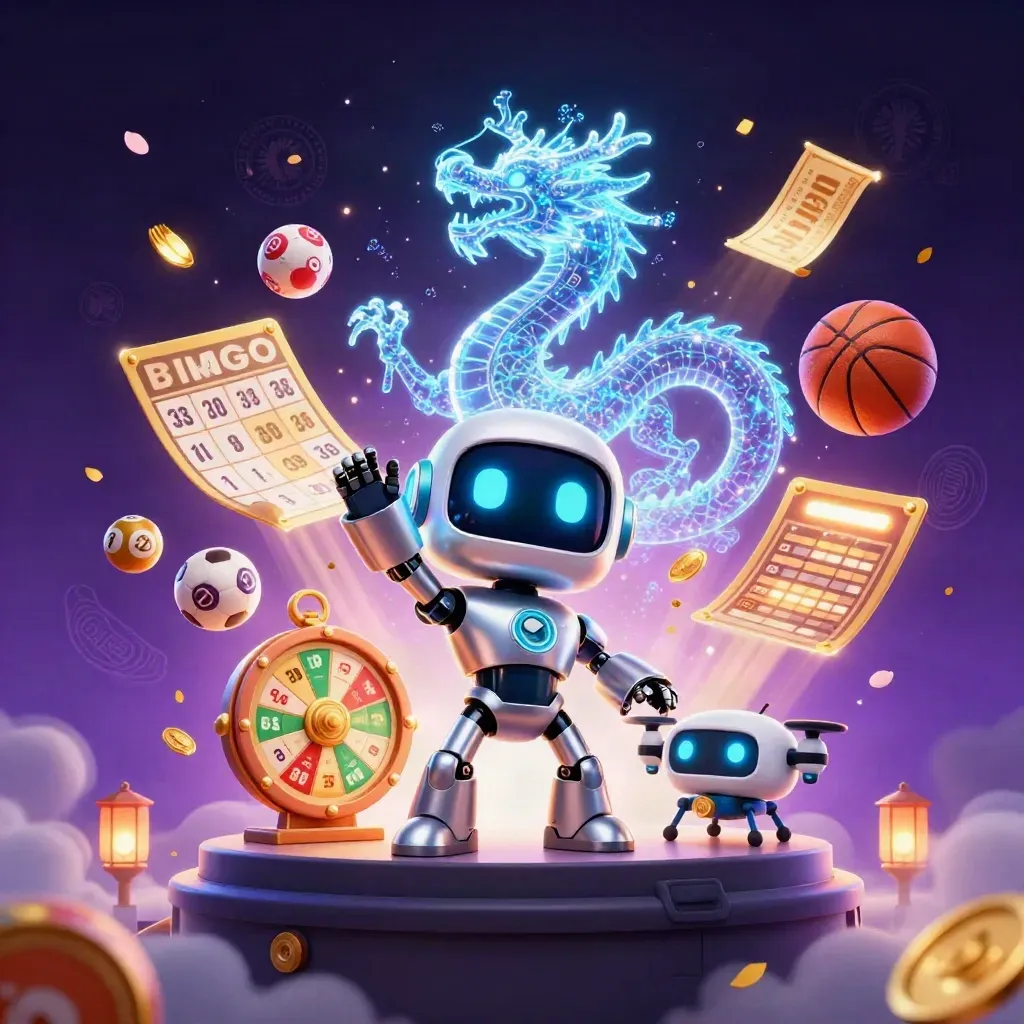 Cyberpunk robot, holographic dragon and coin drone amid casino lights and floating game elements.