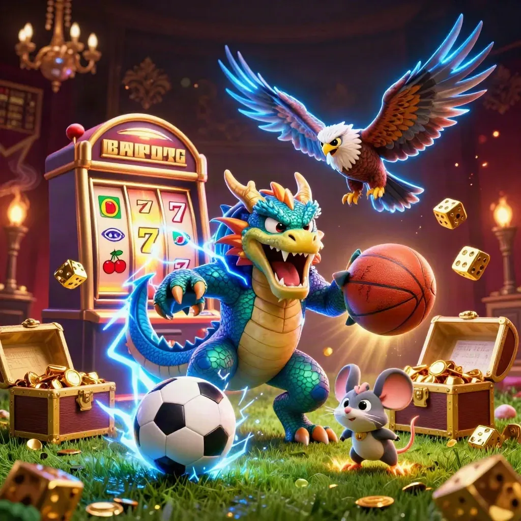Thunder dragon, wind hawk and static mouse burst amid casino gold, balls, dice and slot rays.
