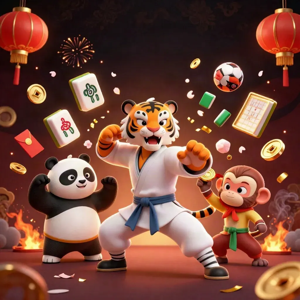 Kung-fu tiger, panda, and monkey amid casino talismans, lanterns, gold, and neon glow.