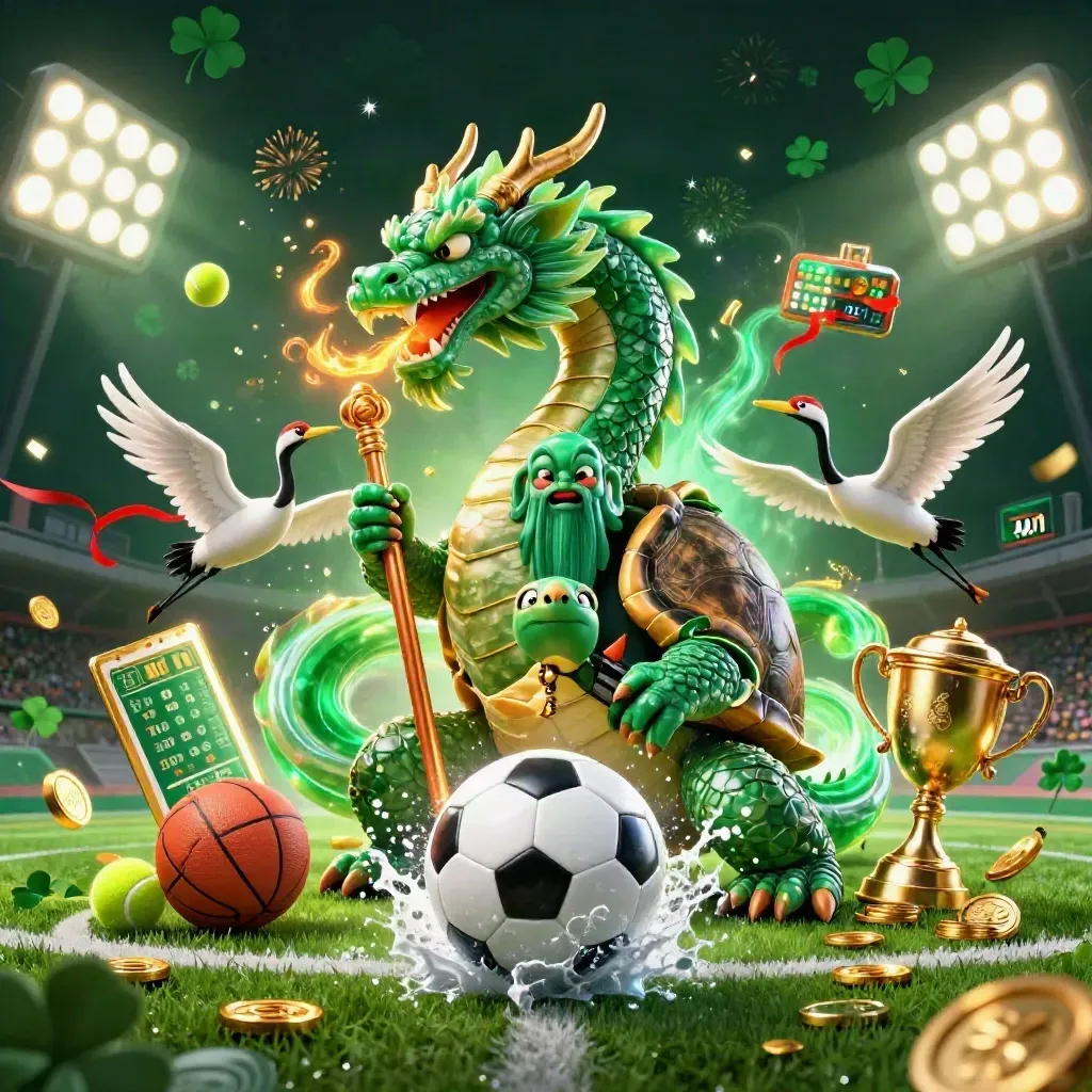 Ground-level fantasy casino sports art with dragon, turtle sage, cranes, balls, trophy and golden fire.