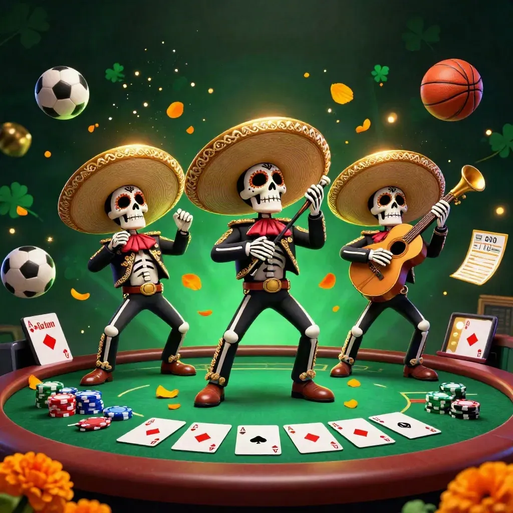 Skeleton mariachi trio amid casino chips, cards, balls, and gold light on dark emerald background.