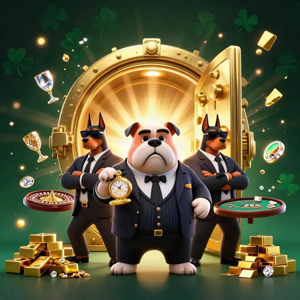 Bulldog boss and Dobermans in a glowing vault with gold, gems, and spinning roulette wheel