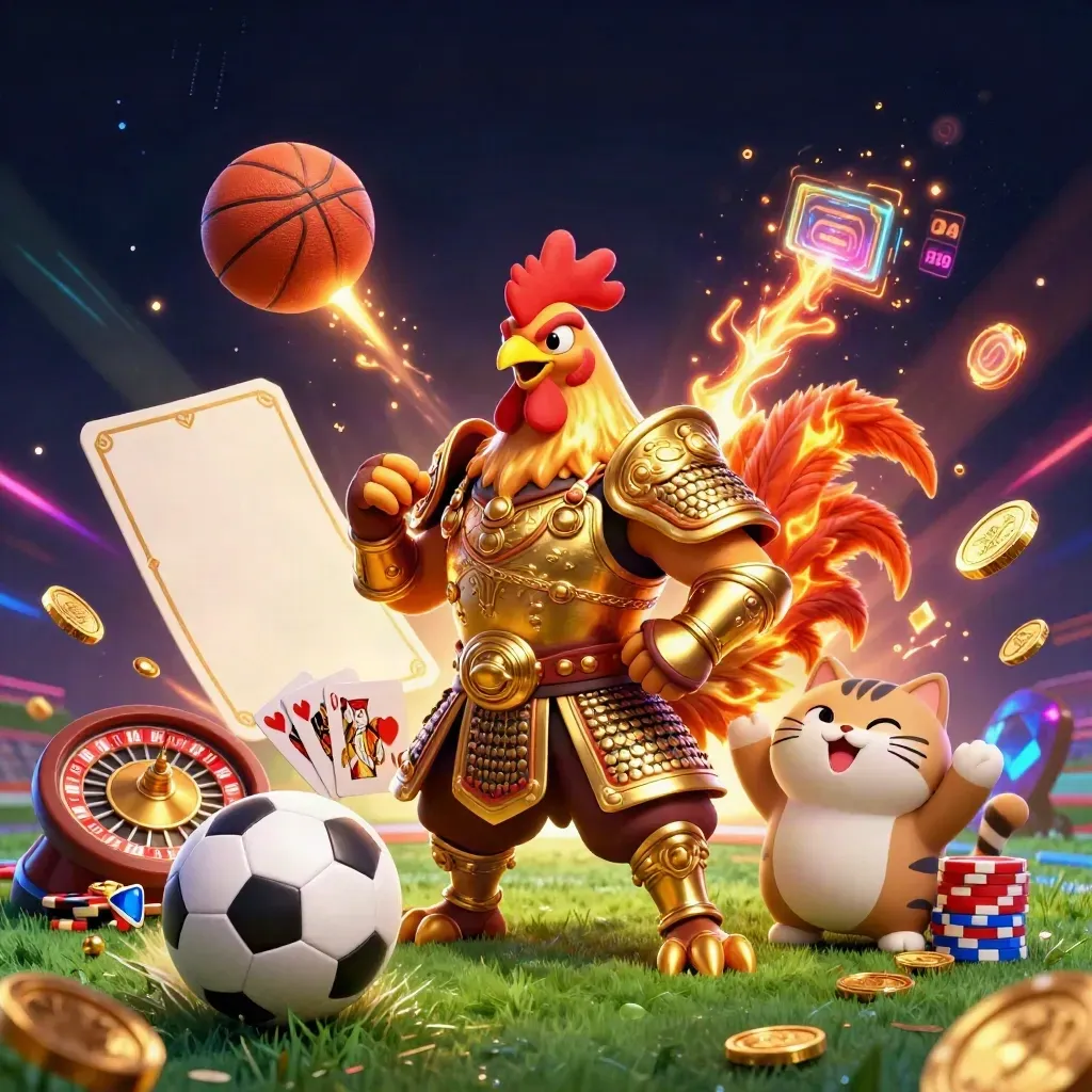 Rooster warrior, dragon hatchling and fortune cat amid casino chips, coins, cards and sports gear.