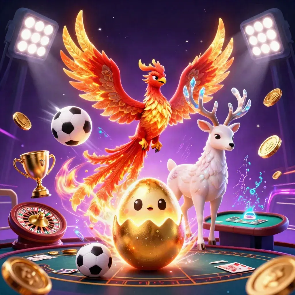 Phoenix, hatching chick and crystal stag amid casino lights, coins, sports balls and neon energy.