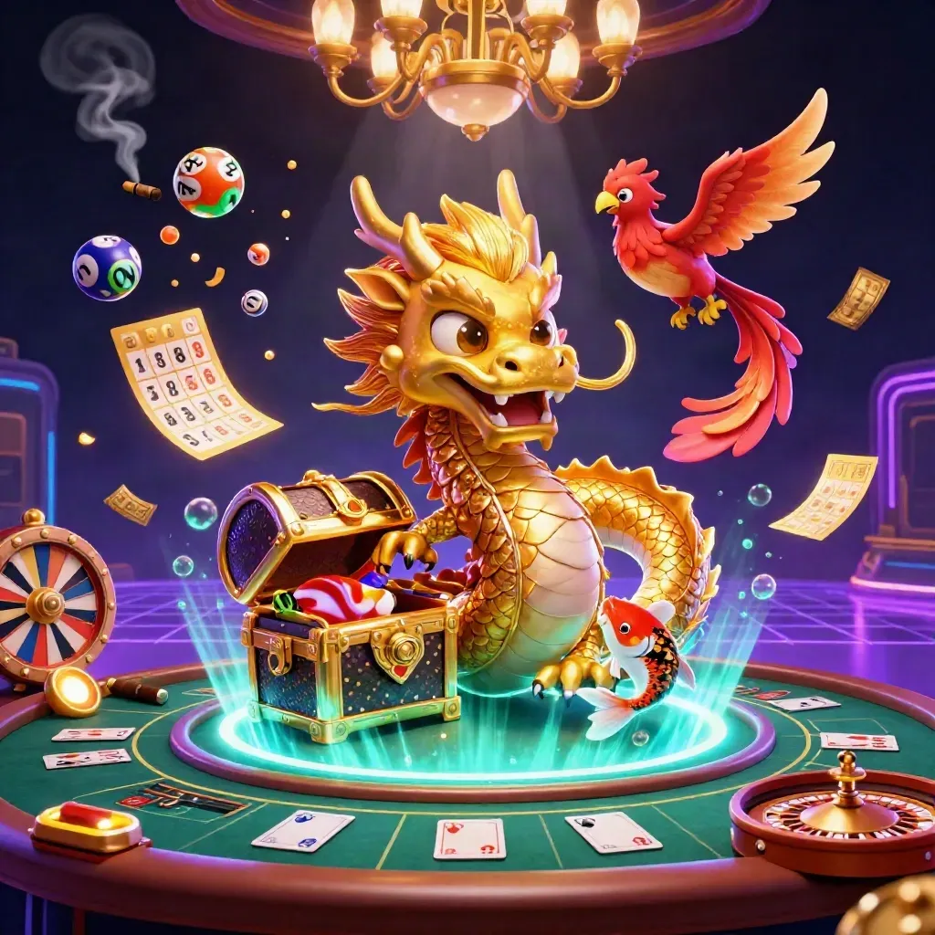 Golden dragon and phoenix casino key art with lottery balls, roulette wheel, and luxe neon glow.