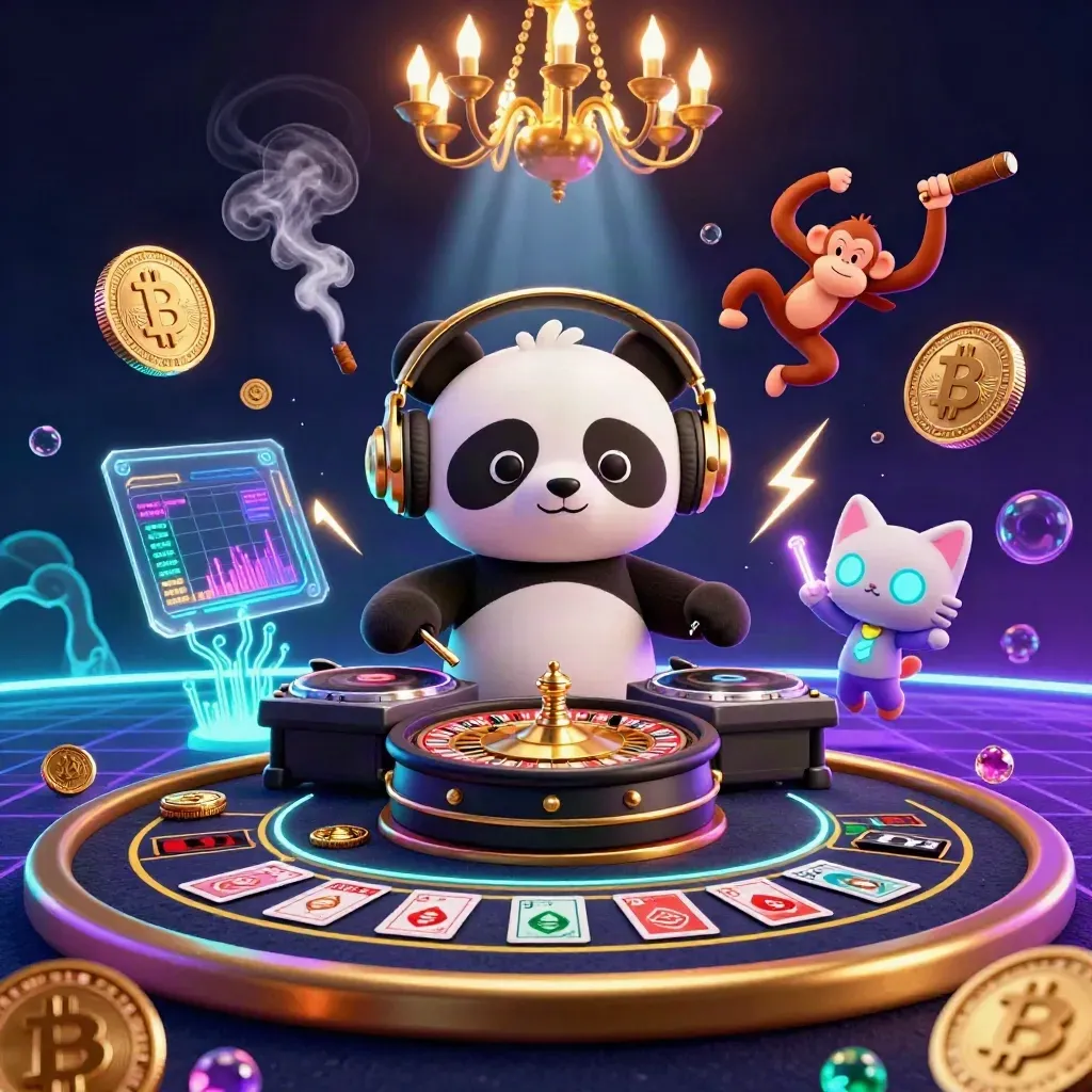 DJ panda, dancing monkey and glow-stick kitten in a luxe neon casino with coins, crypto and a chandelier