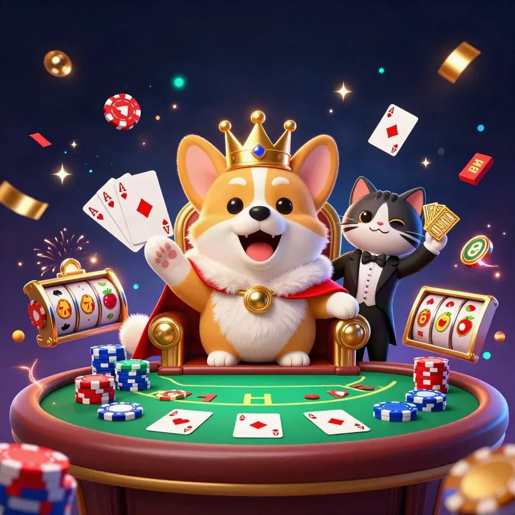 Royal corgi and cat butler amid poker chips, cards, fireworks, and glowing casino effects.