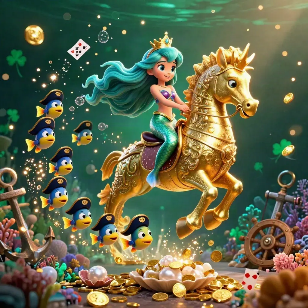 Mermaid princess rides a golden seahorse through a coin-filled underwater treasure cove