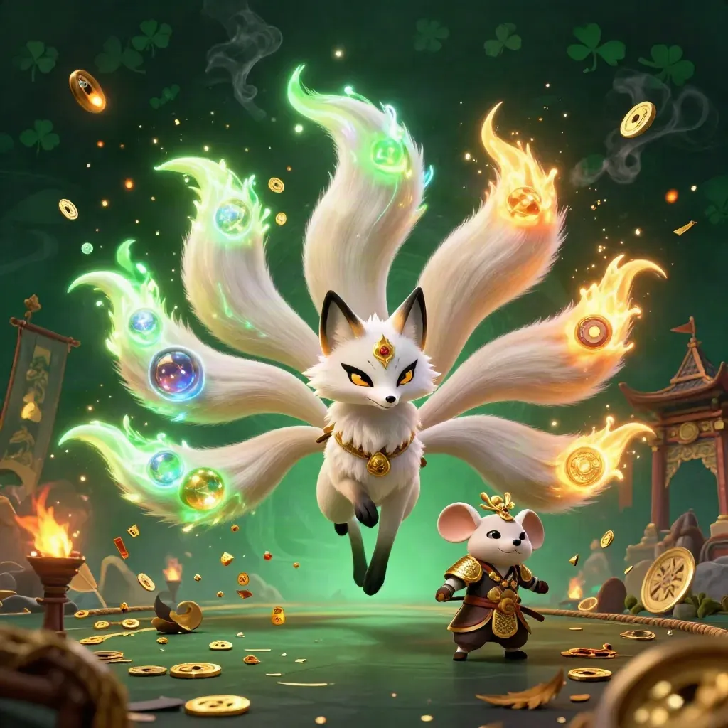 Nine-tailed fox spirit and golden mouse knight raid an emerald temple with coins, embers, and orbs.