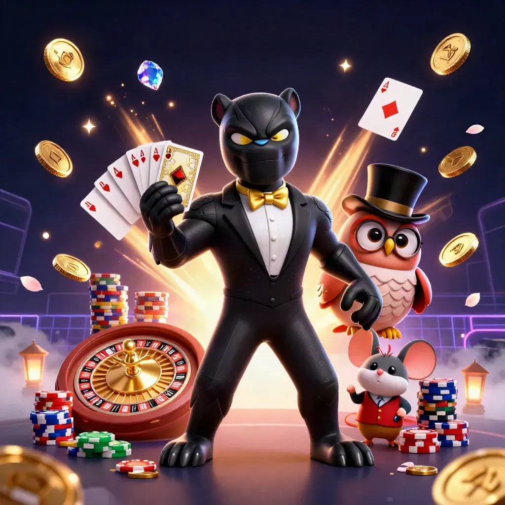 Panther, owl and mouse deal cards amid coins, gems and chips in a neon casino burst.
