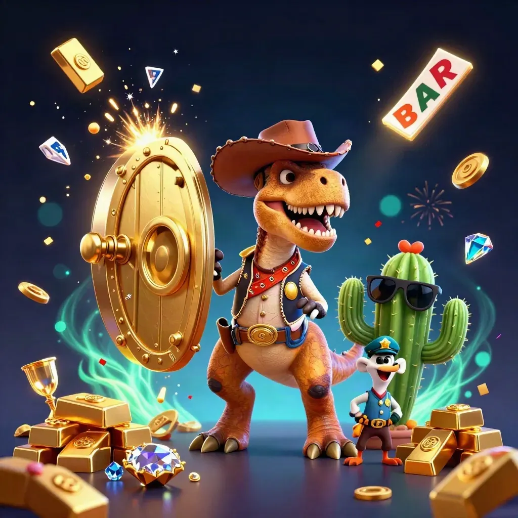 Cowboy T-Rex, cactus sidekick and sheriff roadrunner burst from a glowing vault with casino treasure